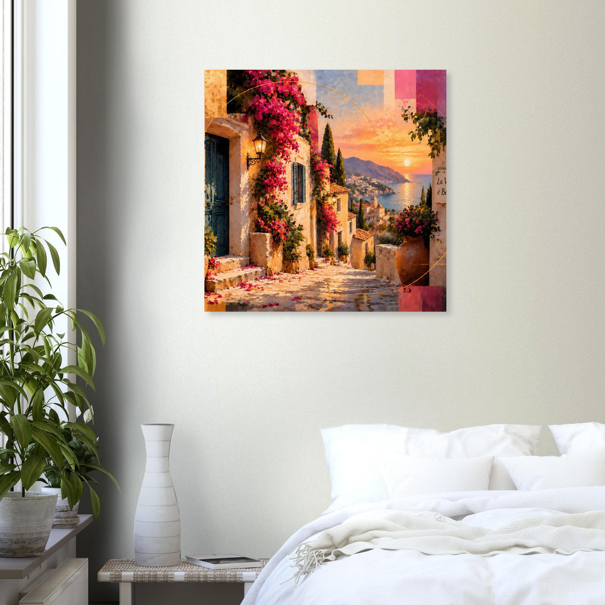 Gerahmtes Poster: mediterrane Gasse mit bunten Blumen, Abendsonne