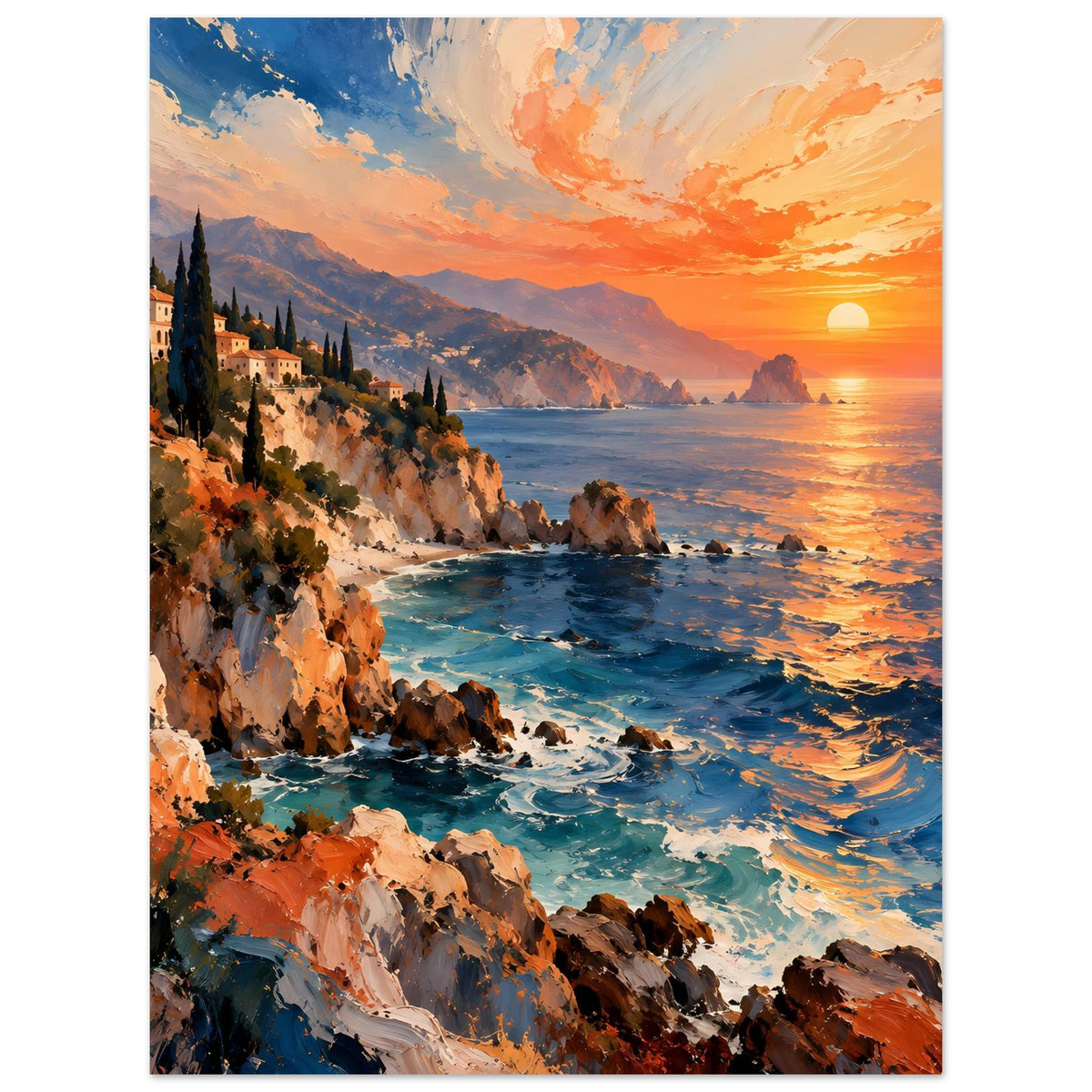 Küstenlandschaftsposter im Hochformat mit Sonnenuntergang, Klippen und Meerwellen
