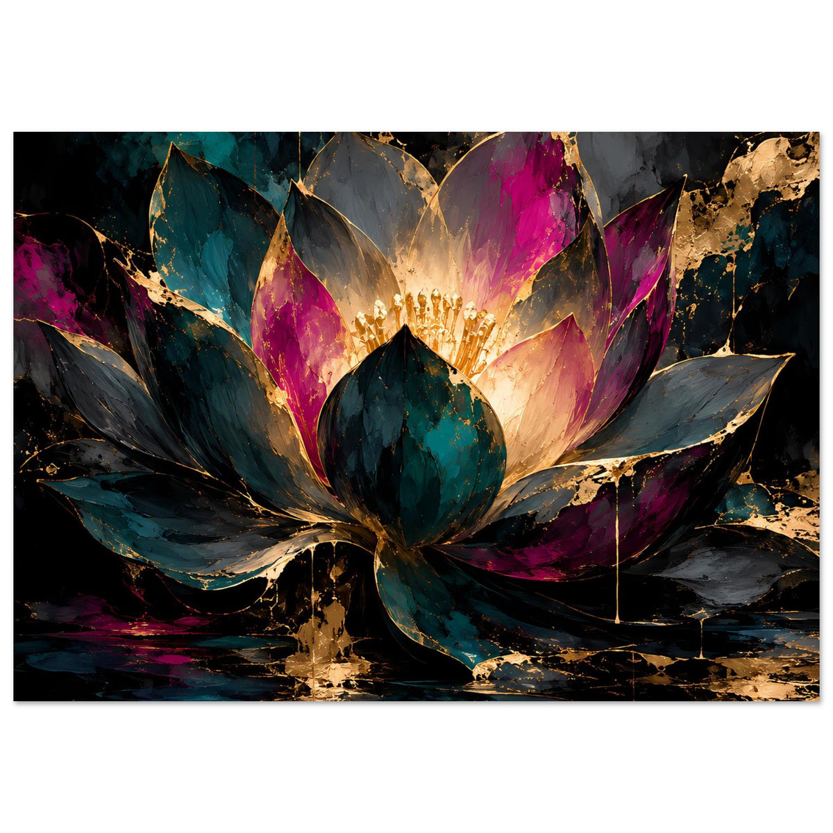 Schwarz gerahmtes Kunstposter mit Lotusblüte im Fokus, Akzente in Gold, Pink und Dunkelblau