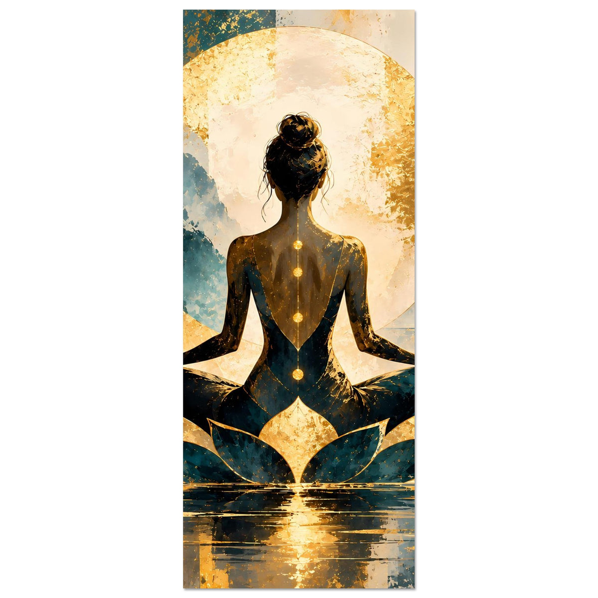 Hochformatiger Meditationsdruck: zentrierte sitzende Figur, Lotusmotiv und Goldkreis, Petrolton