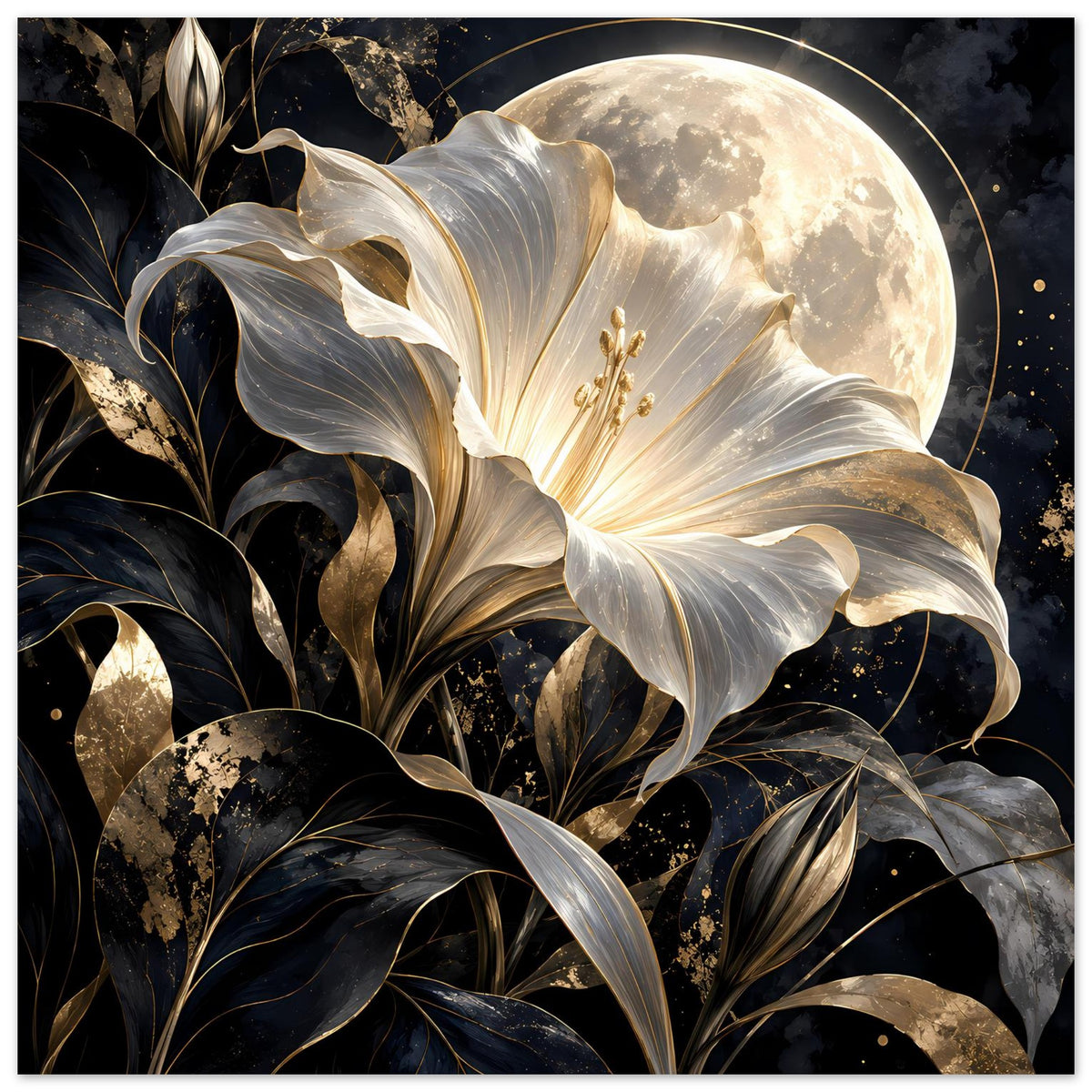 Poster mit weißer Lilie, leuchtendem Mond im Goldkreis und dunklen Blättern