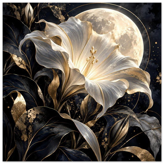 Poster mit weißer Lilie, leuchtendem Mond im Goldkreis und dunklen Blättern