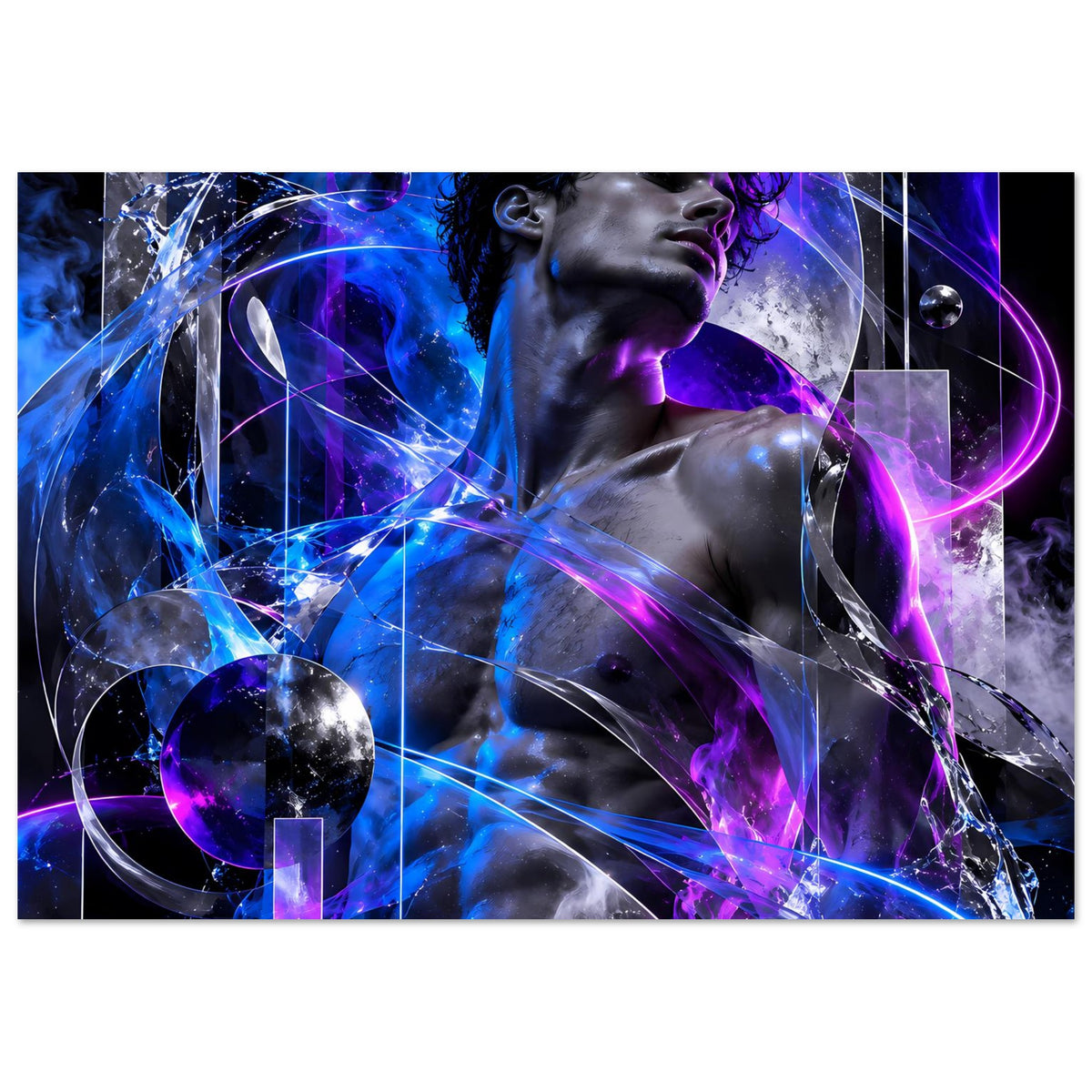 Futuristisches Querformat-Poster mit kosmischer Energiefigur und violetten Kreisenergien in blauen Strahlen