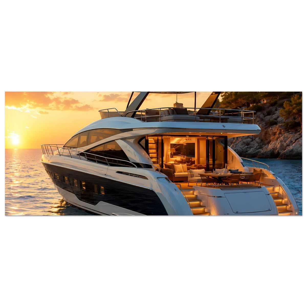 Poster im Querformat: Luxus-Motoryacht mit beleuchtetem Deck und großer Glasfront