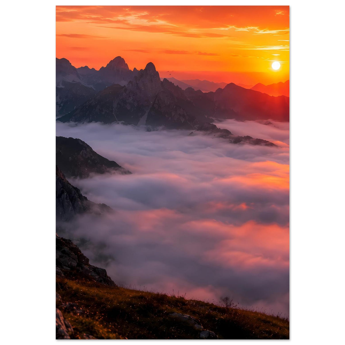Poster: Sonnenuntergang über Bergkamm, goldenes Licht und dichter Nebel über den Tälern.
