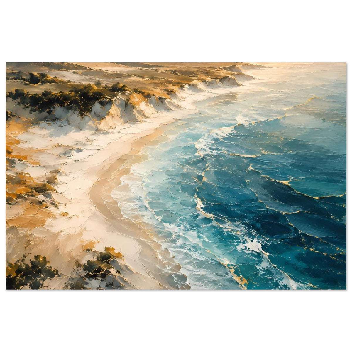 Meer- und Küstenposter: türkisblaues Meer, sandige Küstenkurve, weite Dünen im Hintergrund