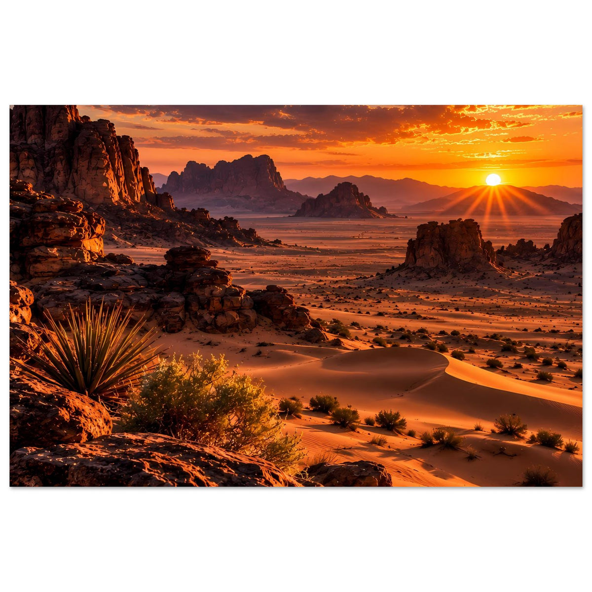 Poster mit Wüstenlandschaft bei Sonnenuntergang: Dünen, Felsruinen und Sonnenreflex