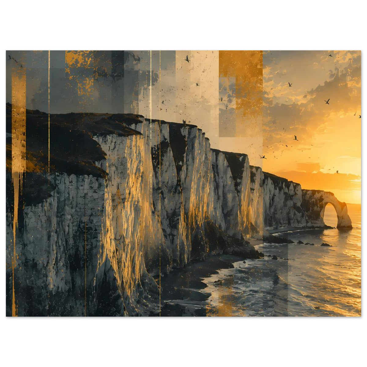 Breites Poster: Steilküste, Brandungswasser und goldenes Abendlicht mit Vögeln