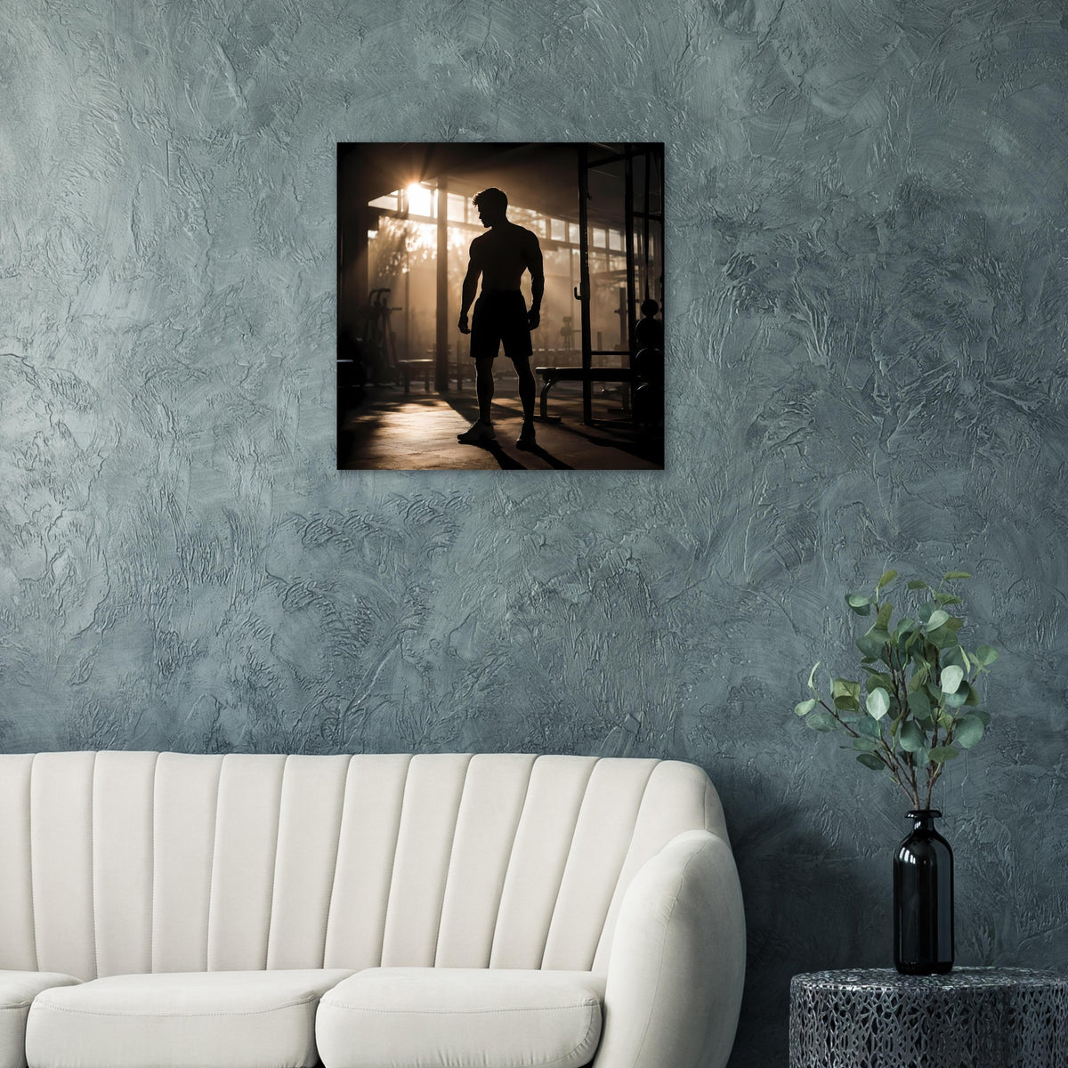 Fitness-Poster mit Silhouette eines Läufers in dunkler Gasse, warmes Licht