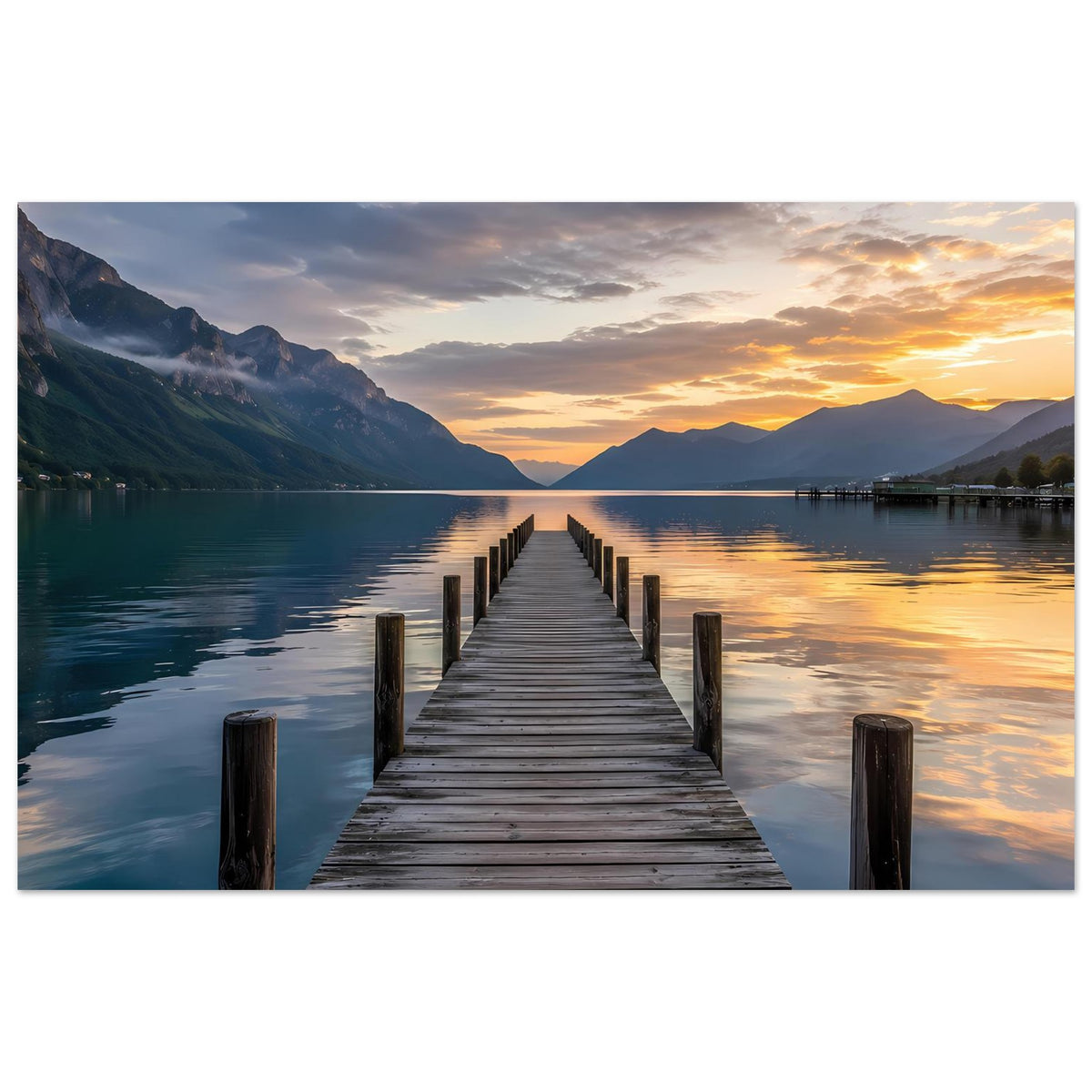 Horizontales Poster mit Holzsteg über ruhigem Wasser und Sonnenuntergang zwischen Bergen