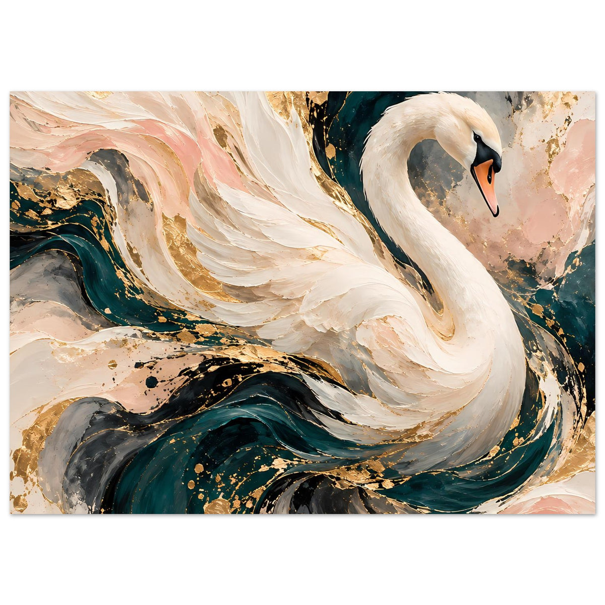 Abstraktes Kunstposter: weißer Schwan mit fließenden Pinselstrichen, goldene Punkte und dunkle Wellen