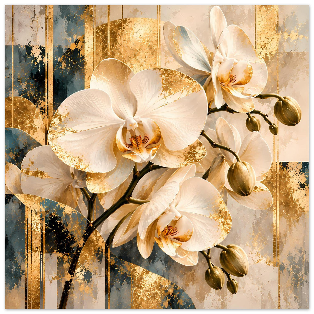 Orchideen-Wandposter mit weißen Orchideenblüten und goldenen Akzenten, vollflächiges Motiv