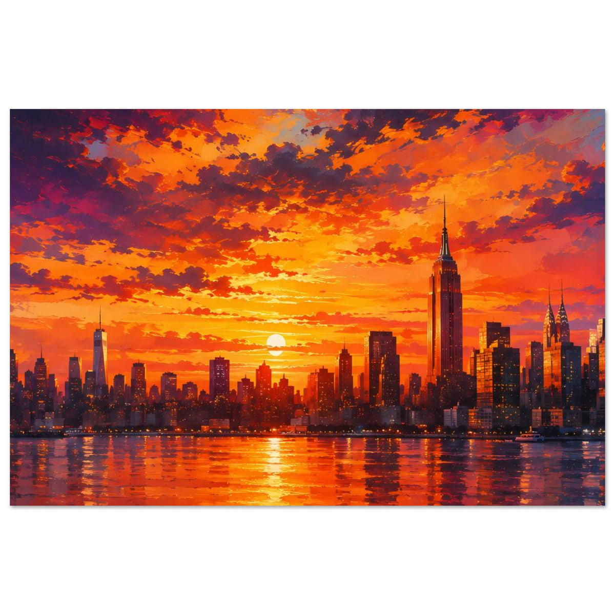 Poster mit Skyline bei Sonnenuntergang, orangefarbene Wolken und Wasserreflexion, großer Turm rechts