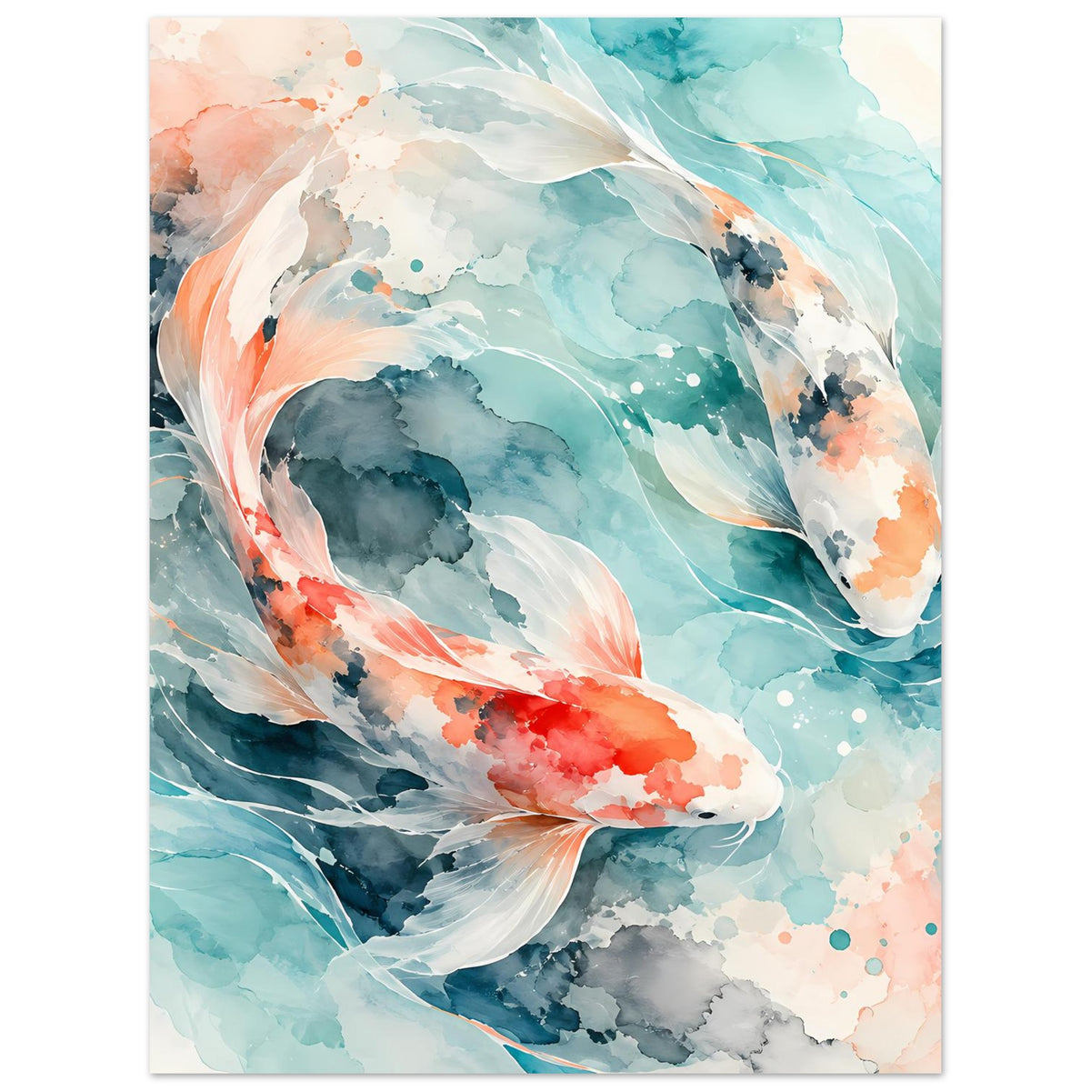 Vertikales Poster mit Aquarell-Koi-Fischpaar, weiß-graue Flossen und Lachston