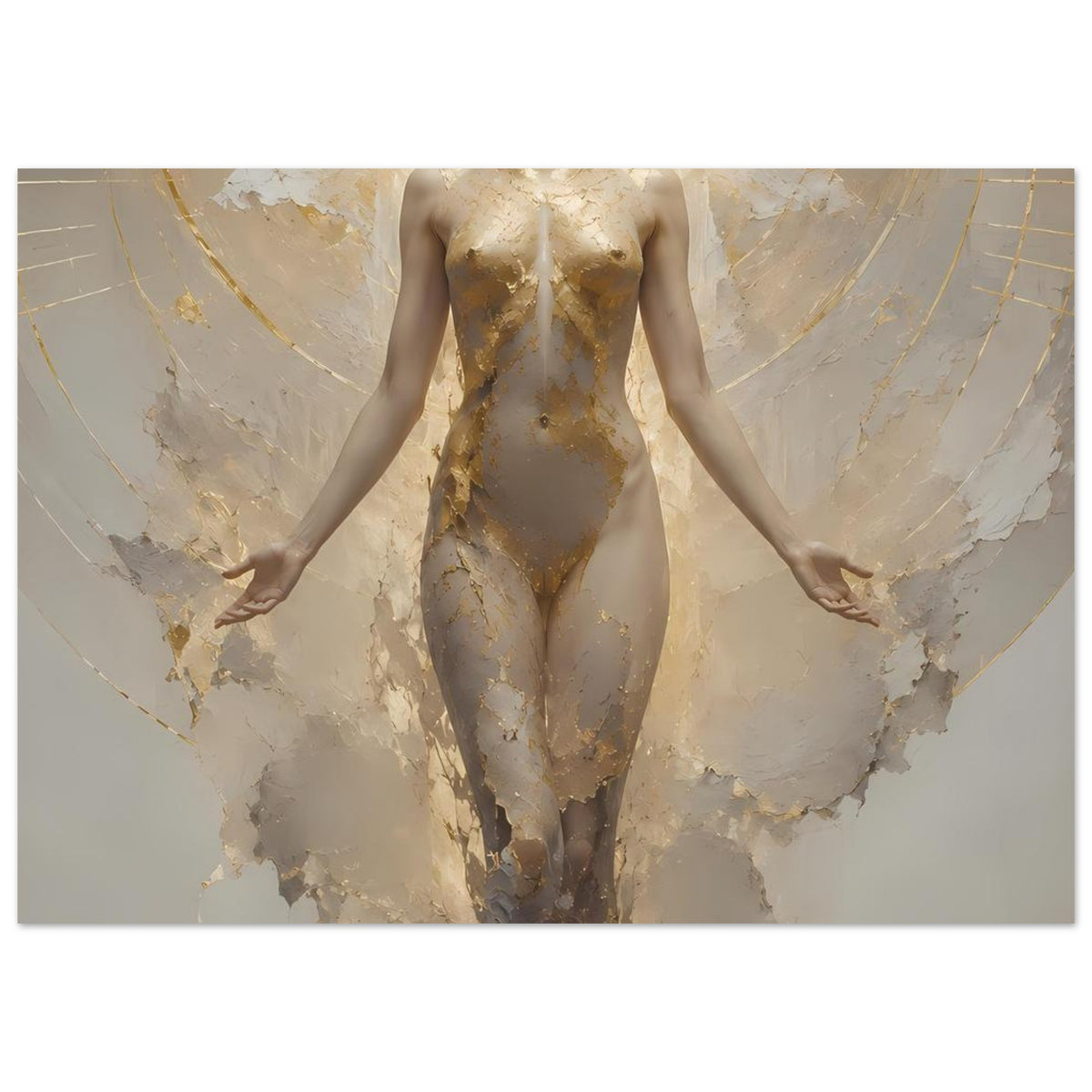 Poster mit zentrierter schwebender Frauenfigur in Creme und Gold