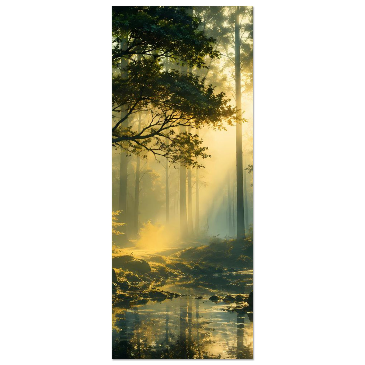 Wandposter Hochformat mit Wald bei Sonnenaufgang, Lichtstrahlen, Bach und Reflexion
