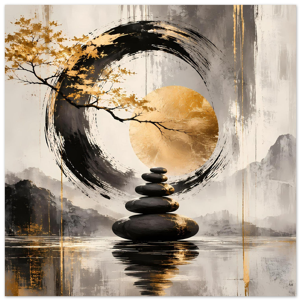 Zen-Art Poster: goldene Baumzweige, schwarzer Pinselring, Steinstapel in neutralen Tönen