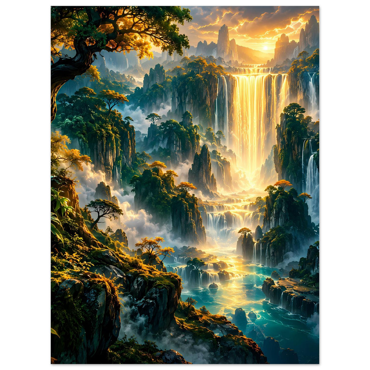 Fantasy-Landschaftsposter im Hochformat: leuchtender Wasserfall in grüner Waldlandschaft