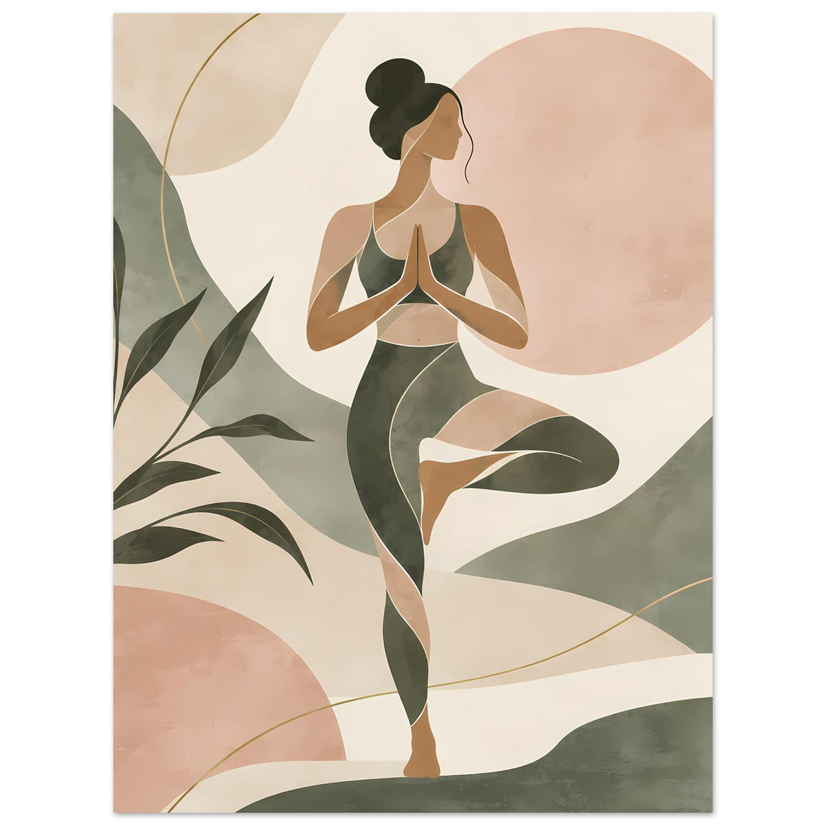Zen-Balance-Poster mit abstrakter Yoga-Figur in Salbeigrün und Rosé