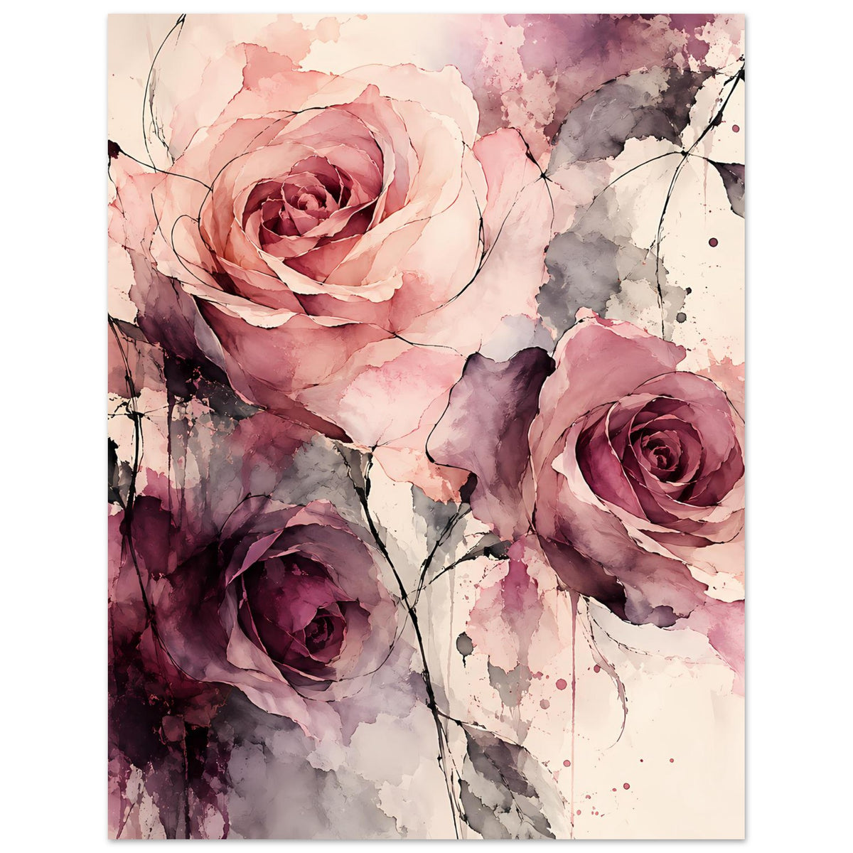 Wasserfarben-Rosenposter mit großer rosa Rose und zwei violetten Rosen, Ranken und Punkte.