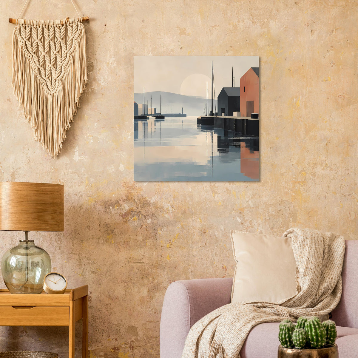 Quadratisches Poster: Hafen mit Docks, reflektierendem Wasser und sanftem Himmelston.