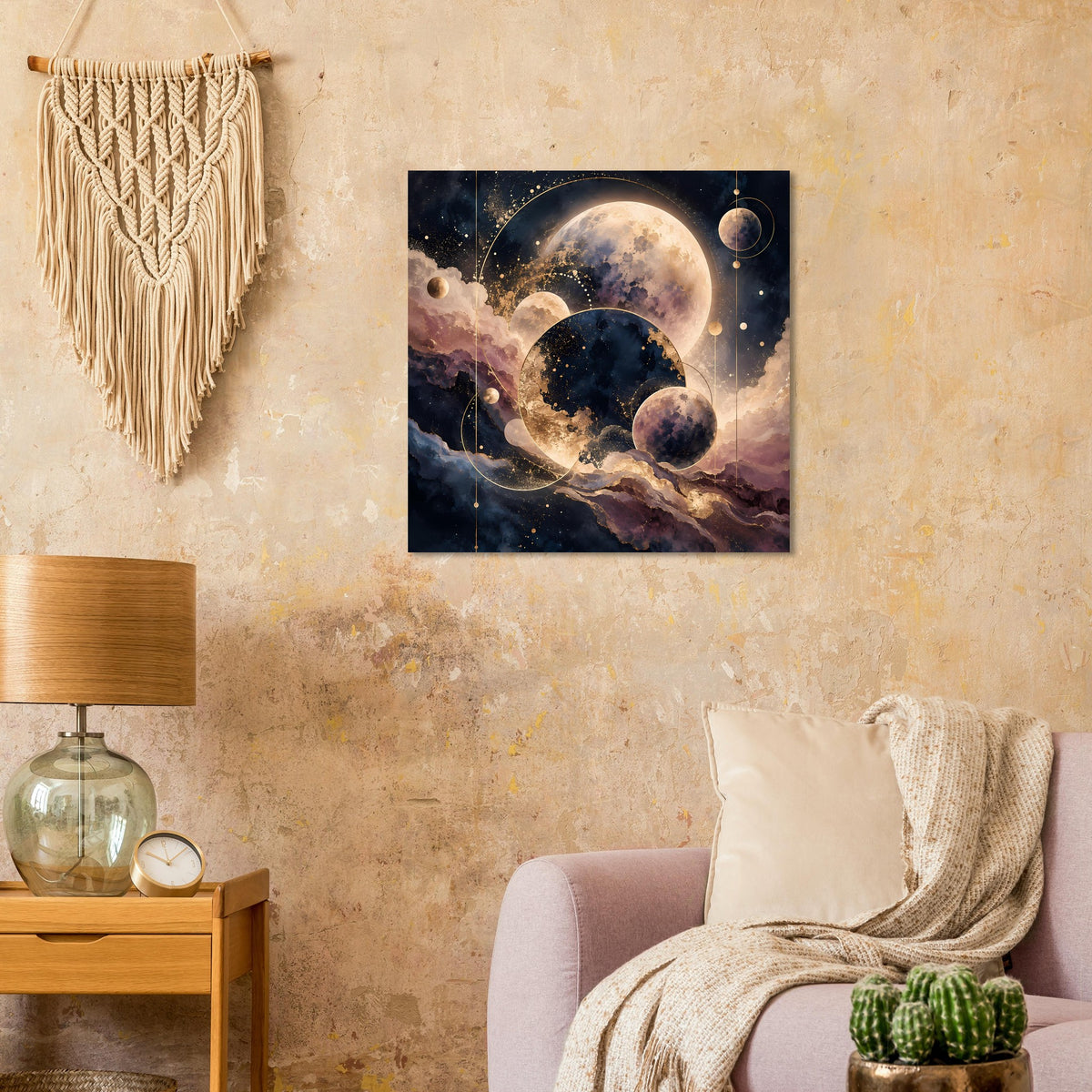Quadratisches Planetposter mit schwarzem Rand, Planeten, Ringbahnen und Sternen