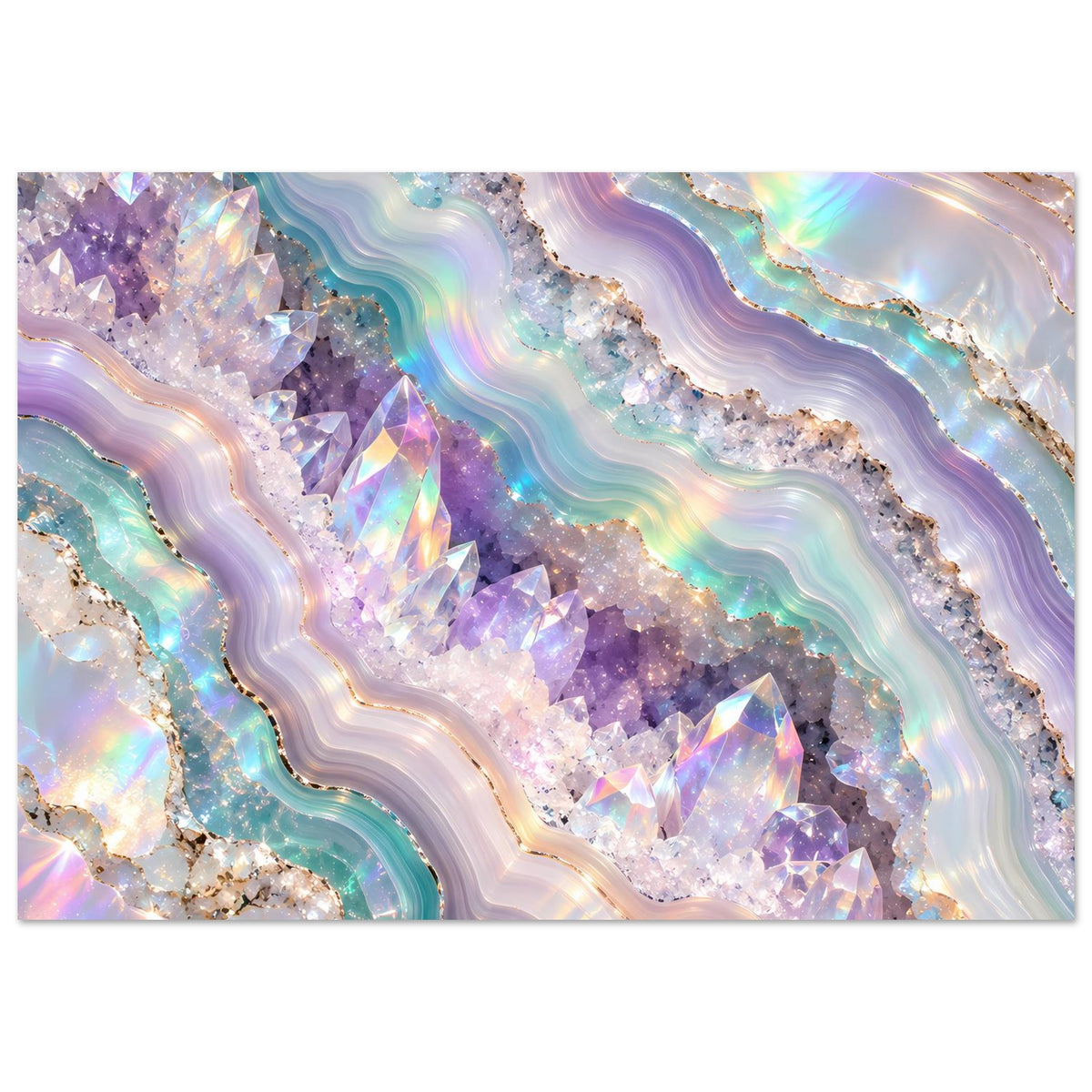 Holografisches Kristall-Geode-Poster, horizontales Motiv mit violetten und türkisfarbenen Bändern