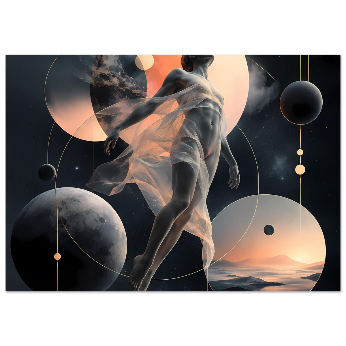 Poster mit abstrakter Figur, großen Planeten und Monden sowie vertikalen Linien und Punkten