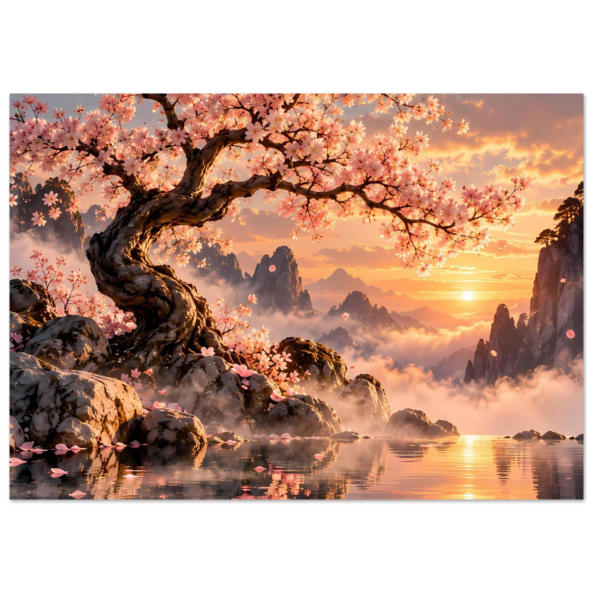 Horizontales Poster mit blühendem Kirschbaum, Felsen am See und goldenem Sonnenuntergang
