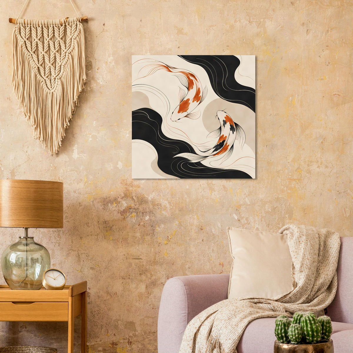 Quadratisches Wandposter mit Koi-Fisch-Motiv in Wellen, schwarz und beiges Bild.