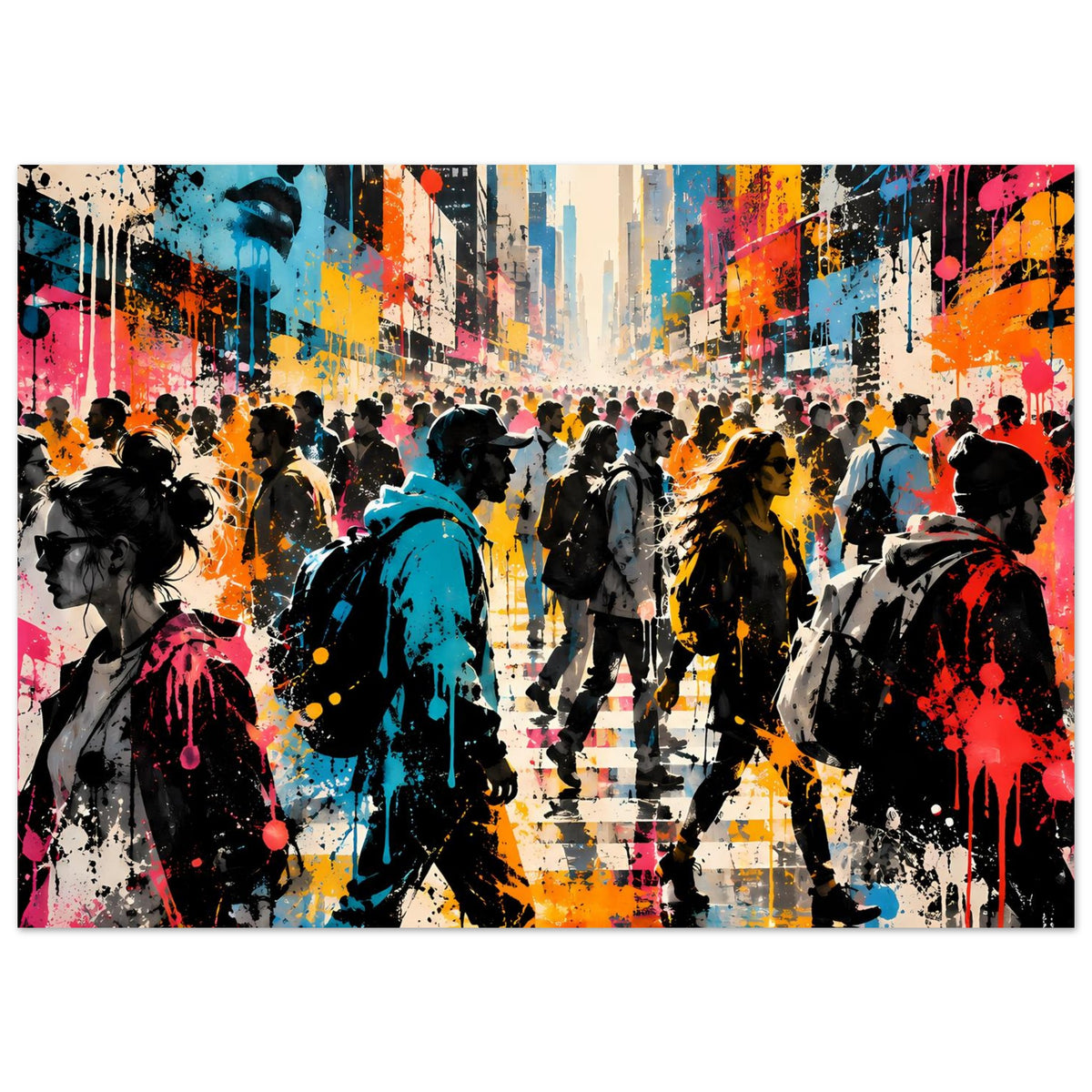 Street-Art-Poster im Querformat: Köpfe & Silhouetten im Vordergrund, kräftige Farben, Sprüh-Look