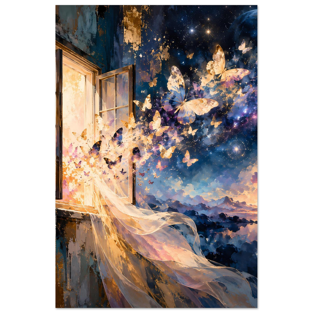 Hochformat-Kunstposter: Schmetterlinge über Sternenhimmel, offenes Fenster und Schleier
