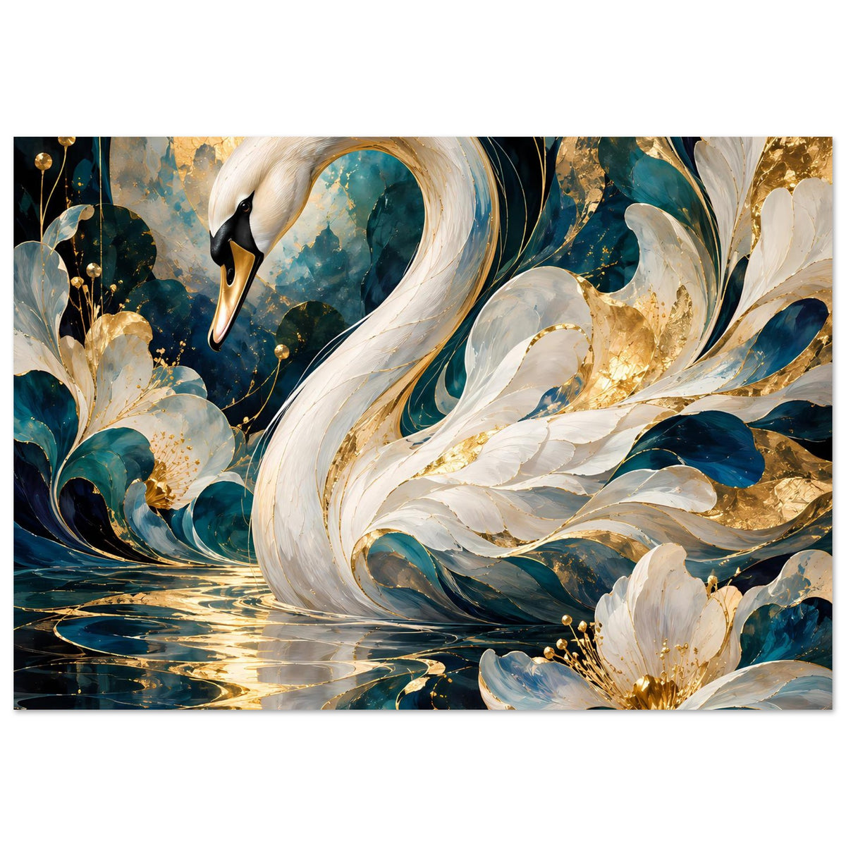 Schwanen-Poster im Hochformat: weißer Schwan, türkisblaues Wasser und goldene Details