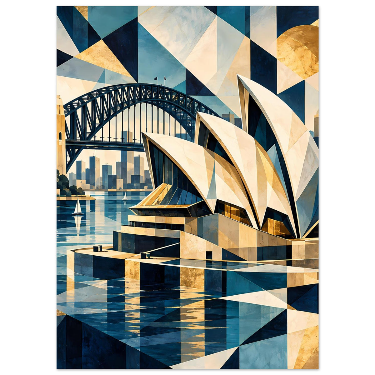 Poster mit geometrischem Motiv: Brücke im Hintergrund, Opernflügel und blaues Wasser