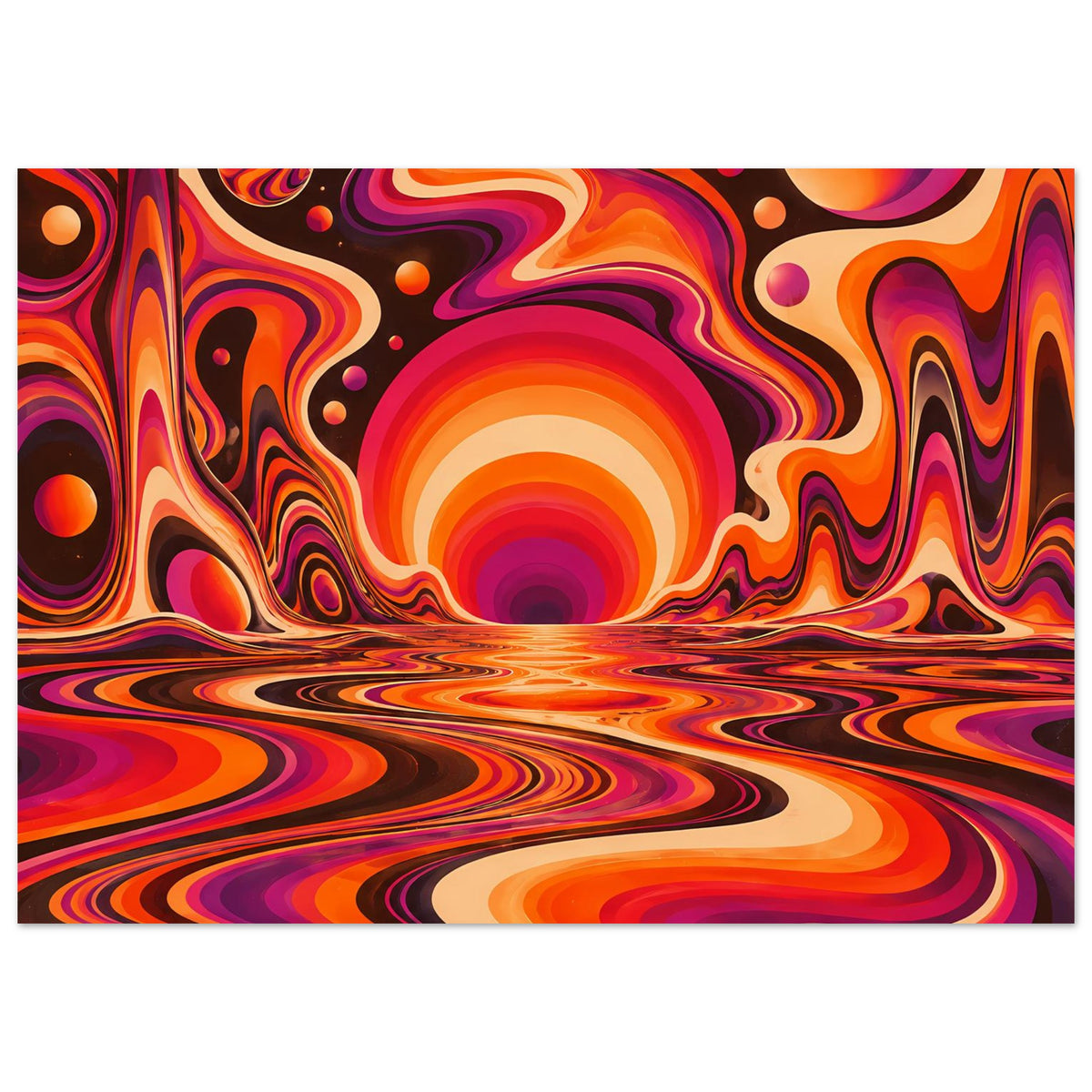 Horizontales Poster mit psychedelischen orange-violetten Kurven, Wellenboden und Lichtkreis