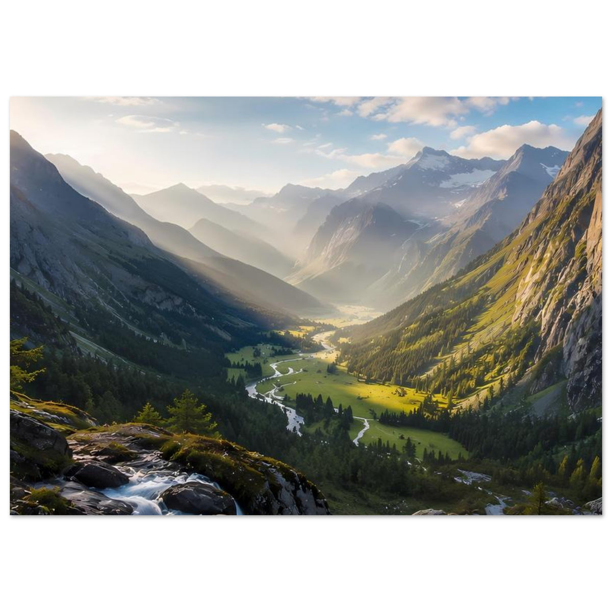 Poster im Querformat mit Bergtal, Bach im Vordergrund und sonnig beleuchteten Hängen