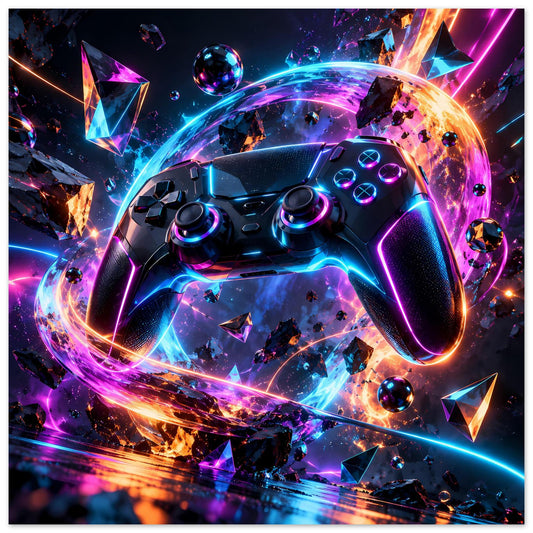 Hochformatiges Poster mit Neon-Gaming-Controller, Lichtspuren und bunten Energieeffekten