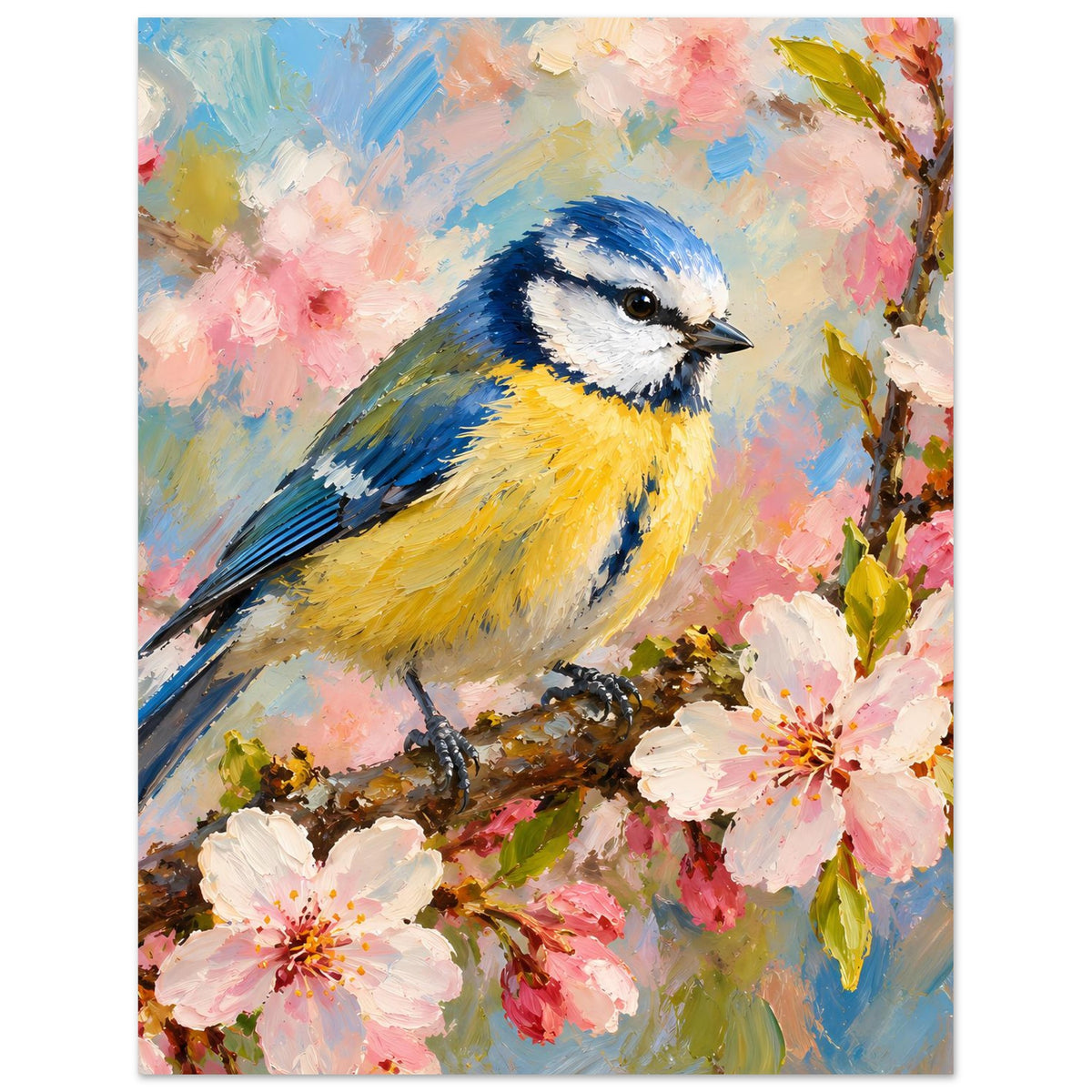 Poster mit blau-gelber Meise im Bildvordergrund, umgeben von rosa Blüten und Blättern