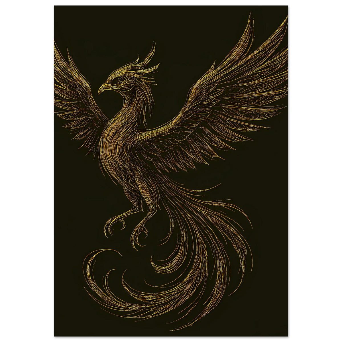 Poster mit goldener Phönix-Figur, ausladenden Flügeln und geschwungenem Schweif
