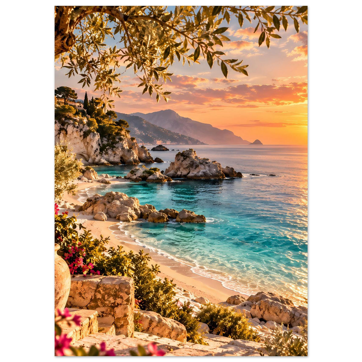 Strandposter mit Sonnenuntergang, Küstenlinie, türkisfarbenem Wasser, Felsen und Blättern