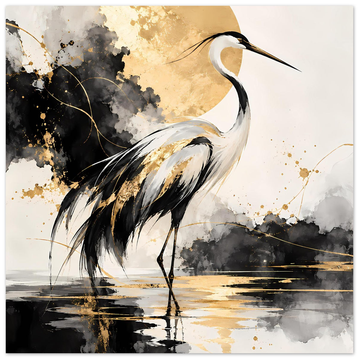Vogelposter im Hochformat mit Kranich in Schwarz und Weiß sowie goldenen Sprühpunkten