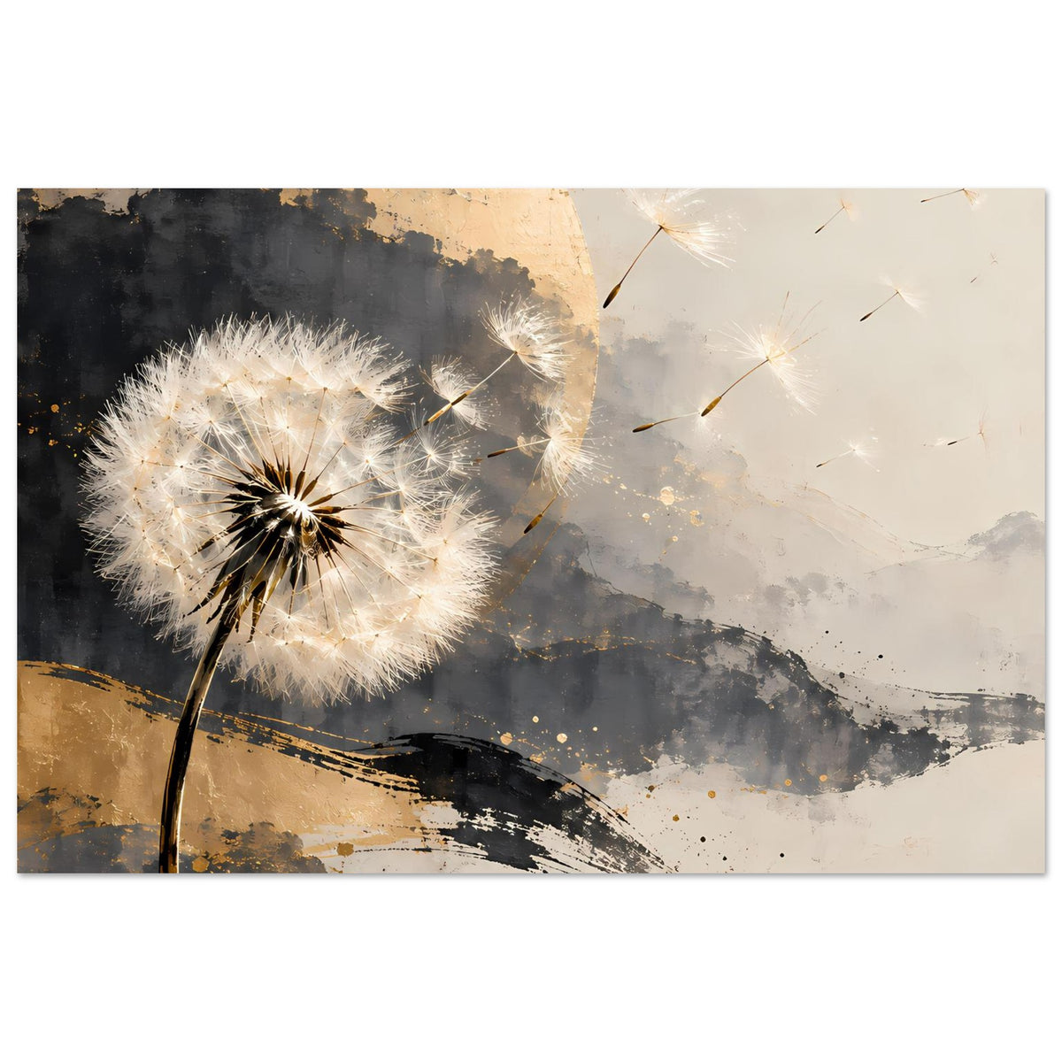 Kunstposter mit Pusteblume, Goldspritzern und grauen Wischtexturen, zarte Flugfäden