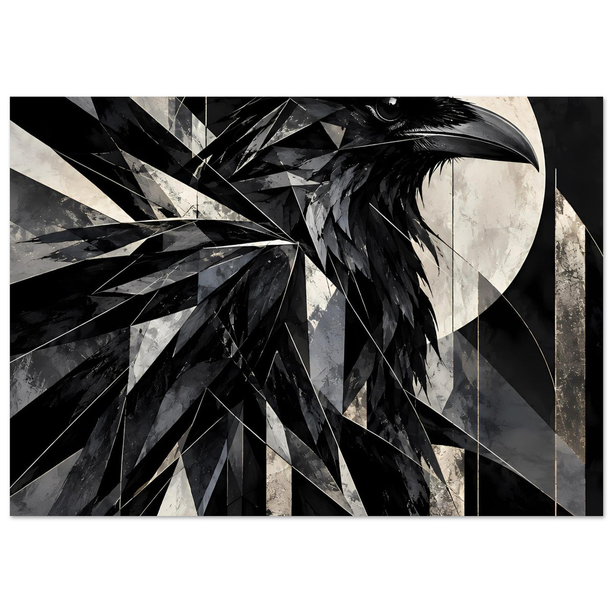 Kunstposter mit geometrischem Raben in Schwarz und Weiß, diagonale Linien und Federstruktur