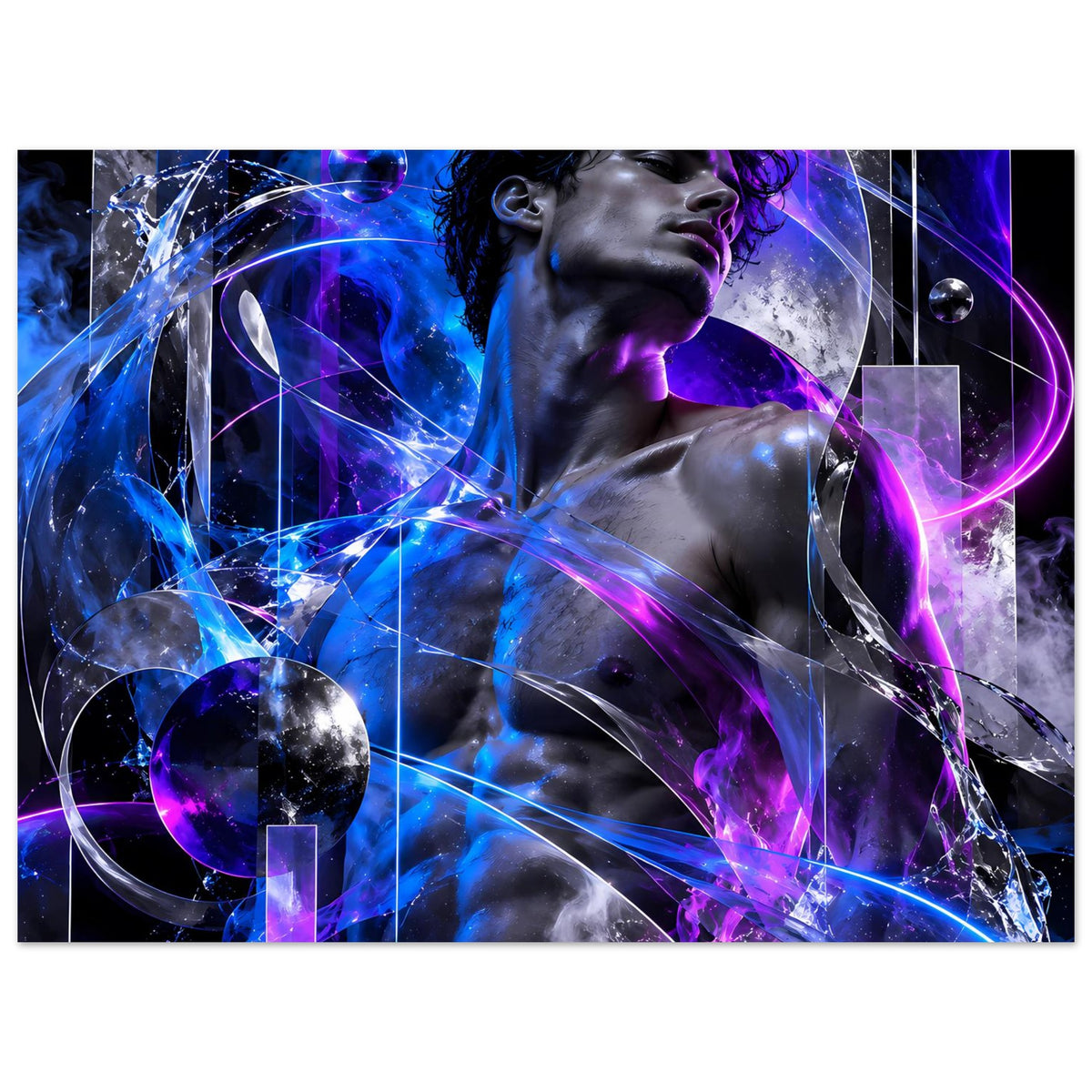 Futuristisches Poster mit Oberkörperfigur und violettem Energiepunkt, umgeben von Blau-Glühen.