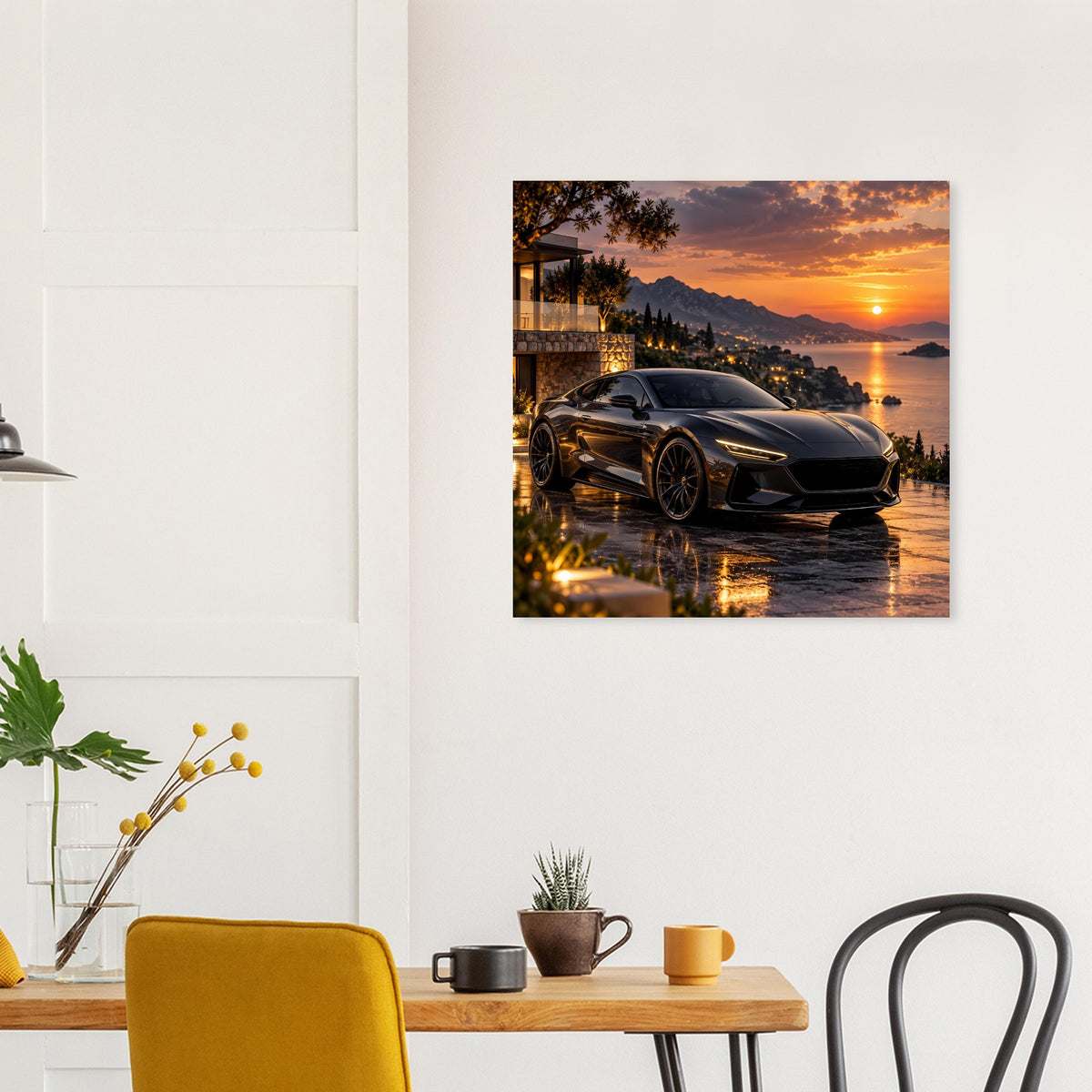 Sonnenuntergangs-Poster mit schwarzem Sportwagen, Sonnenuntergang und Lichterspiegelung