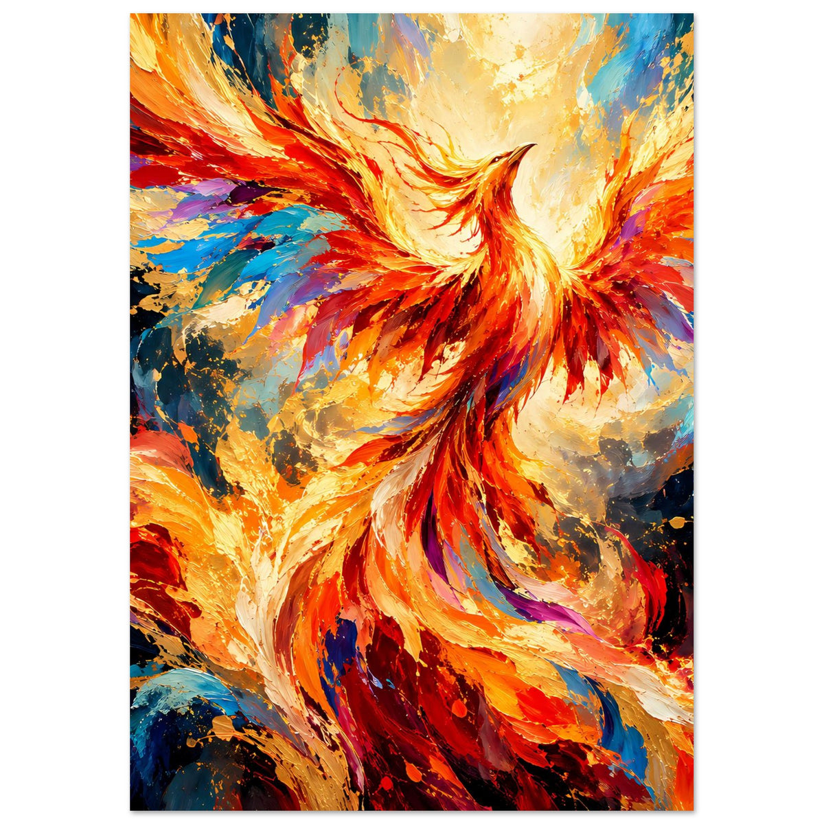 Hochformat-Poster: leuchtender Phönix mit Flügelstrahlen in Orange, Gold und Blau