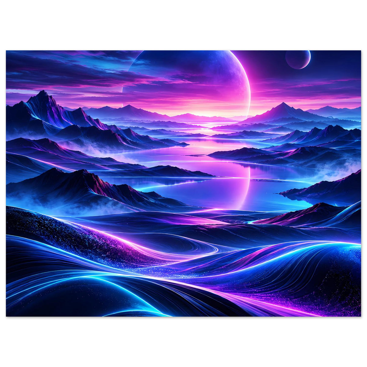 Neon-Weltraum-Poster im Querformat: leuchtende Spirallinien über Bergsilhouetten