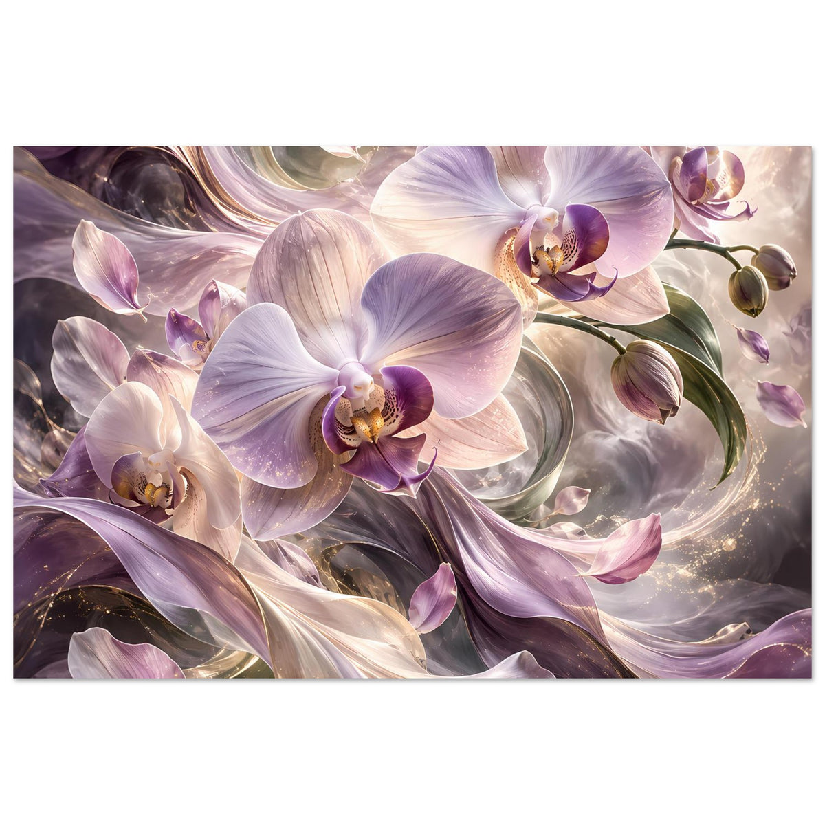 Blumenposter mit violetten und cremefarbenen Orchideen, viele Blüten und Blütenknospen im Bild.