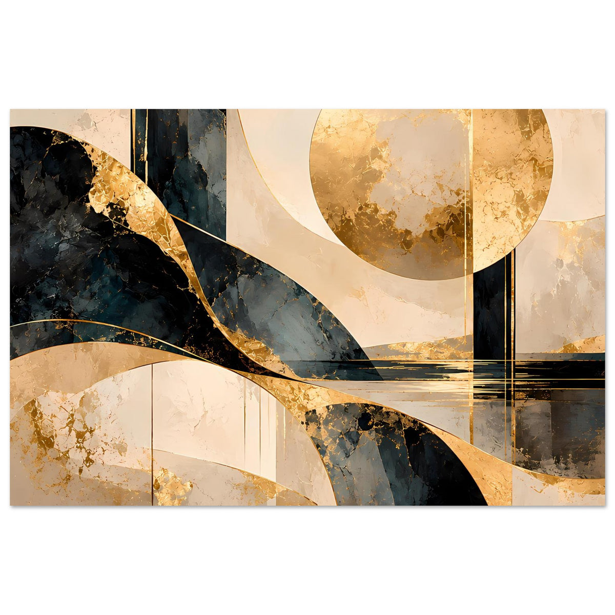 Abstraktes Gold-Schwarz-Poster: geschwungene Linien, Kreise und horizontale Balken