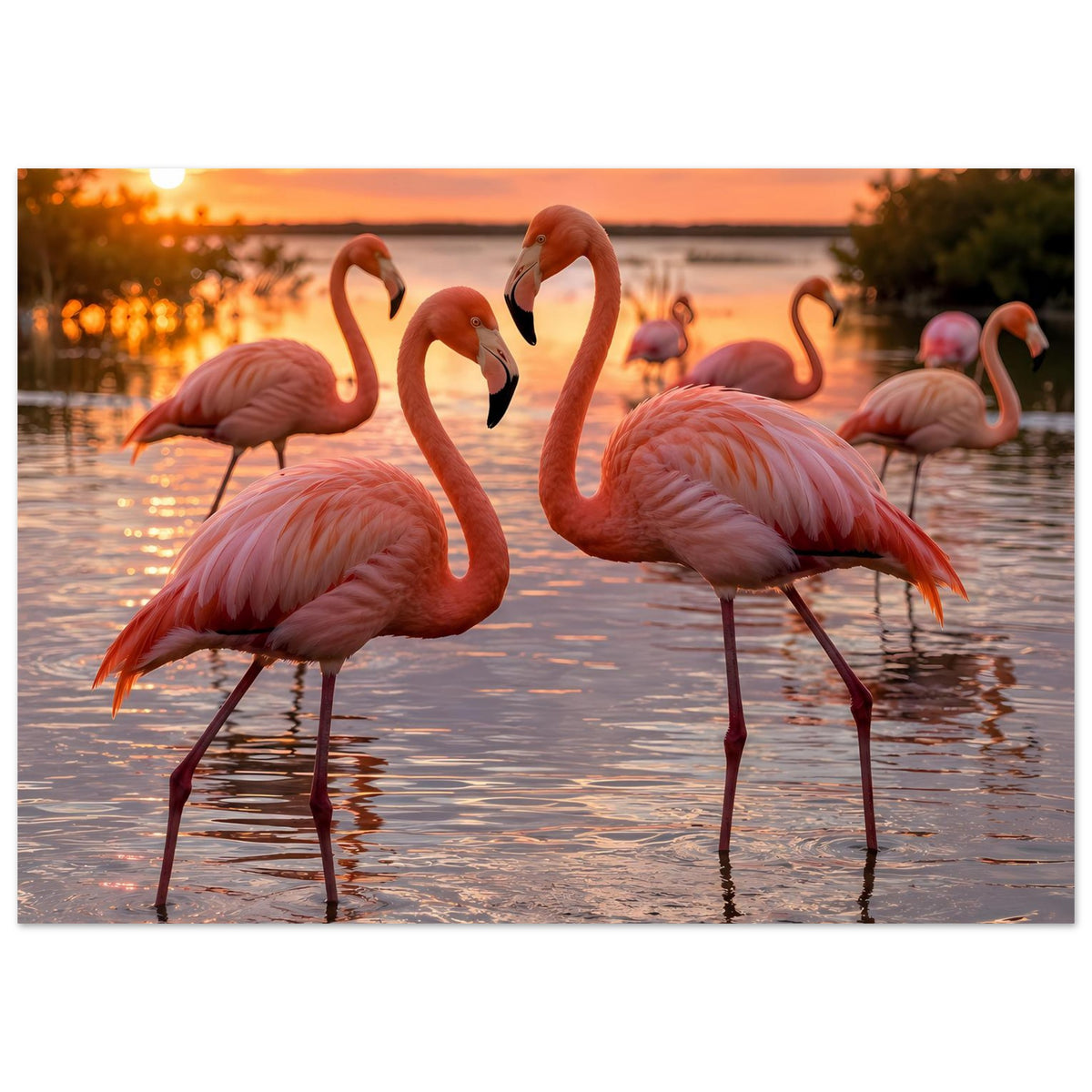 Flamingo-Poster mit drei rosa Flamingos am Wasser, warmes Abendlicht